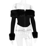 Women Autumn and Winter Furry Collar Off Shoulder Long Sleeve Crop Top