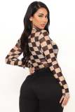 Sexy Plaid printed turndown collar long sleeve bodysuit