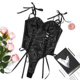 Women Lace-up PU-Leather Jumpsuit Sexy Lingerie