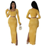 Fashionable Women's Ribbed Printed Long Sleeve Side Pockets Slit Two Piece Skirt Set