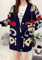 Women Fall and Winter Letter Contrast Color Loose Knitting Sweater Jacket