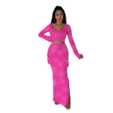 Fashionable Women's Ribbed Printed Long Sleeve Side Pockets Slit Two Piece Skirt Set