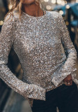 Women Party Sequin Long Sleeve Round Neck Slit Top