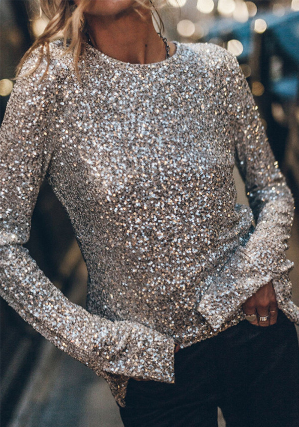 Women Party Sequin Long Sleeve Round Neck Slit Top