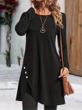 Plus Size Women Round Neck Solid Buttonknitting Dress