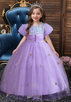 Girls' Sequin Puff Sleeve Princess Dress Solid Mesh Dress Festival Dress Girls' Sequin Puff Sleeve Princess Dress Solid Mesh Dress Festival Dress