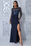 Women Elegant Long Sleeves Sequins Slit Evening Dress