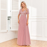 Women's Elegant Short Sleeve Sequin Patchwork V-Neck A-Line Evening Gown