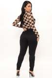 Sexy Plaid printed turndown collar long sleeve bodysuit
