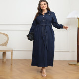 Plus Size Winter Women's Turndown Collar Washed Denim Casual Shirt Dress