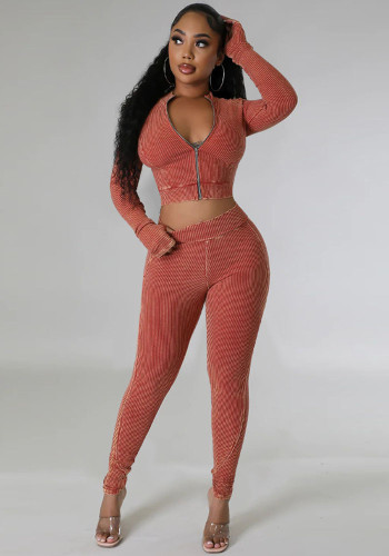 Women's Long Sleeve Zip Patchwork Slim Fit Two Piece Pants Set