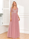 Women's Elegant Short Sleeve Sequin Patchwork V-Neck A-Line Evening Gown
