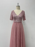 Women's Elegant Short Sleeve Sequin Patchwork V-Neck A-Line Evening Gown