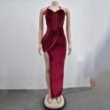 Fashion Women's Solid Color Mesh Straps Slit Long Dress