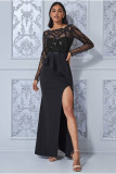 Women Elegant Long Sleeves Sequins Slit Evening Dress