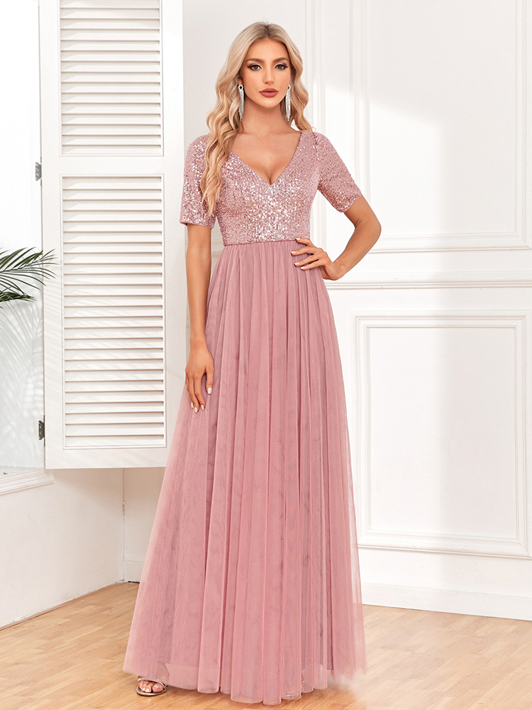 Women's Elegant Short Sleeve Sequin Patchwork V-Neck A-Line Evening Gown
