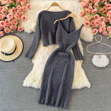 Women retro chic knittingv collar Top and Bodycon Dress two-piece set