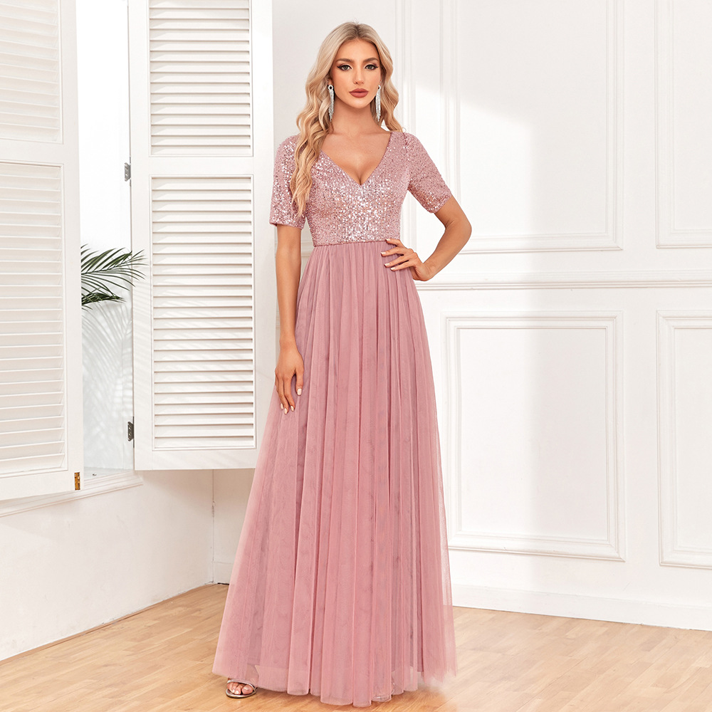 Women's Elegant Short Sleeve Sequin Patchwork V-Neck A-Line Evening Gown