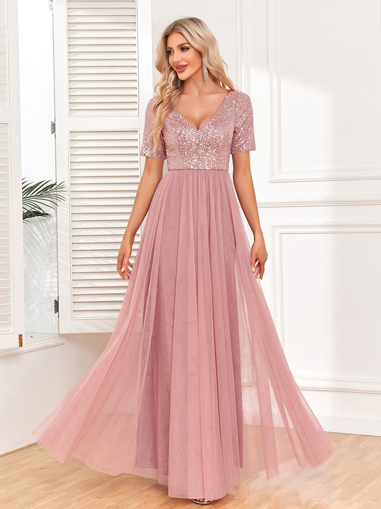 Women's Elegant Short Sleeve Sequin Patchwork V-Neck A-Line Evening Gown