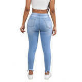 Women Autumn and Winter Washed Ripped High Waist Elastic Vintage Denim Pants