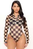 Sexy Plaid printed turndown collar long sleeve bodysuit