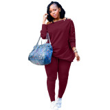 Autumn And Winter Women's Clothing Buttoned Off Shoulder Top Pants Casual Two-Piece Set