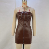 Women Strapless PU-Leather Zippered Winter Bodycon Dress