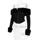 Women Autumn and Winter Furry Collar Off Shoulder Long Sleeve Crop Top