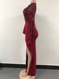 Women Elegant Long Sleeves Sequins Slit Evening Dress