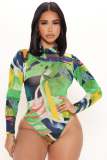 Women Sexy Long Sleeve Printed Bodysuit