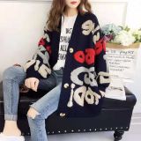 Women Fall and Winter Letter Contrast Color Loose Knitting Sweater Jacket