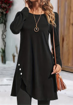 Plus Size Women Round Neck Solid Buttonknitting Dress