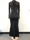Women Elegant Long Sleeves Sequins Slit Evening Dress