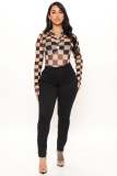 Sexy Plaid printed turndown collar long sleeve bodysuit
