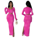 Fashionable Women's Ribbed Printed Long Sleeve Side Pockets Slit Two Piece Skirt Set