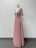 Women's Elegant Short Sleeve Sequin Patchwork V-Neck A-Line Evening Gown