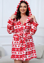 Plus Size Women Winter Hooded Flannel Bathrobe
