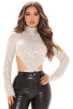 Women Sexy Long Sleeve sequins Cut Out Bodysuit