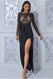 Women Elegant Long Sleeves Sequins Slit Evening Dress