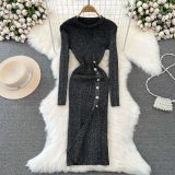 Fashion Chic Long Sleeve Round Neck Slim Waist Slim Fit Maxi Slit Silk Knitting Bodycon Basic Dress