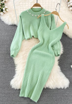 Autumn And Winter French Chic Beaded High-Waisted Sweater Dress Knitting Shirt Two-Piece Set