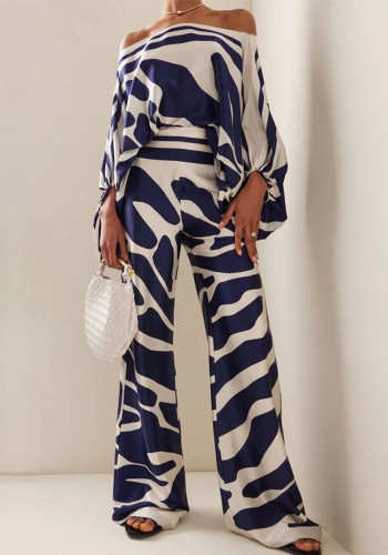Summer Women's Printed Off Shoulder Top Slim Fit Wide Leg Pants Casual Chic Two Piece Set