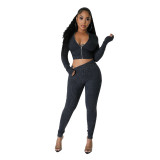 Women's Long Sleeve Zip Patchwork Slim Fit Two Piece Pants Set