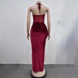 Fashion Women's Solid Color Mesh Straps Slit Long Dress