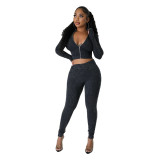 Women's Long Sleeve Zip Patchwork Slim Fit Two Piece Pants Set