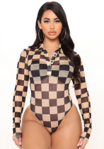 Sexy Plaid printed turndown collar long sleeve bodysuit