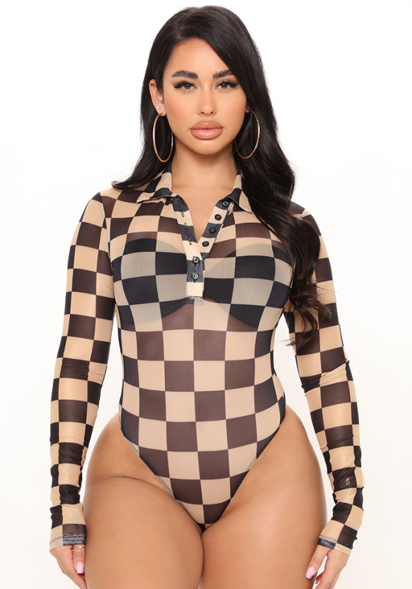 Sexy Plaid printed turndown collar long sleeve bodysuit