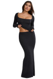 Autumn And Winter Fashionable Square Neck Long Sleeve Top Slim Waist Bodycon Women's Long Skirt Two-Piece Set