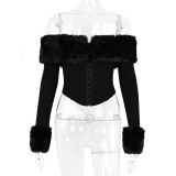 Women Autumn and Winter Furry Collar Off Shoulder Long Sleeve Crop Top