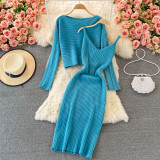 Women retro chic knittingv collar Top and Bodycon Dress two-piece set
